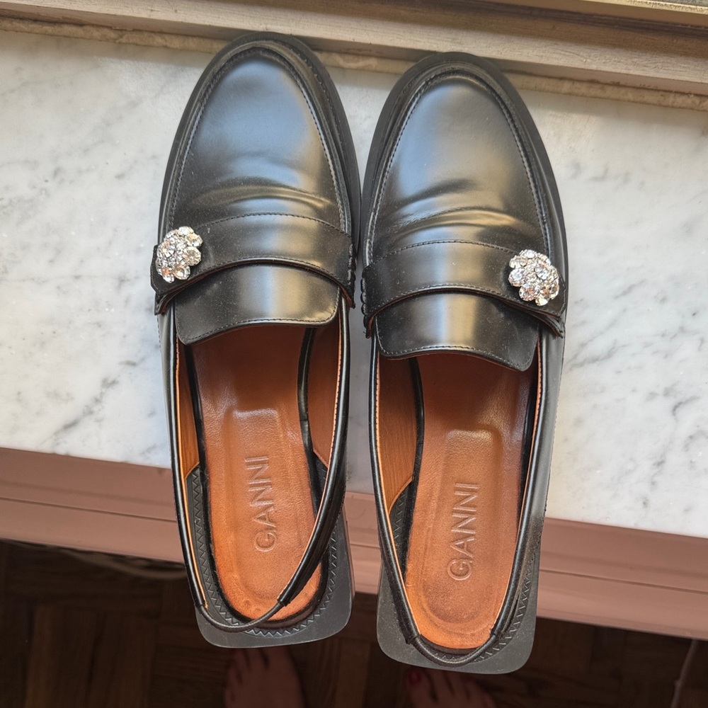 Ganni Black Leather Slip-On Loafers with Crystal Brooches